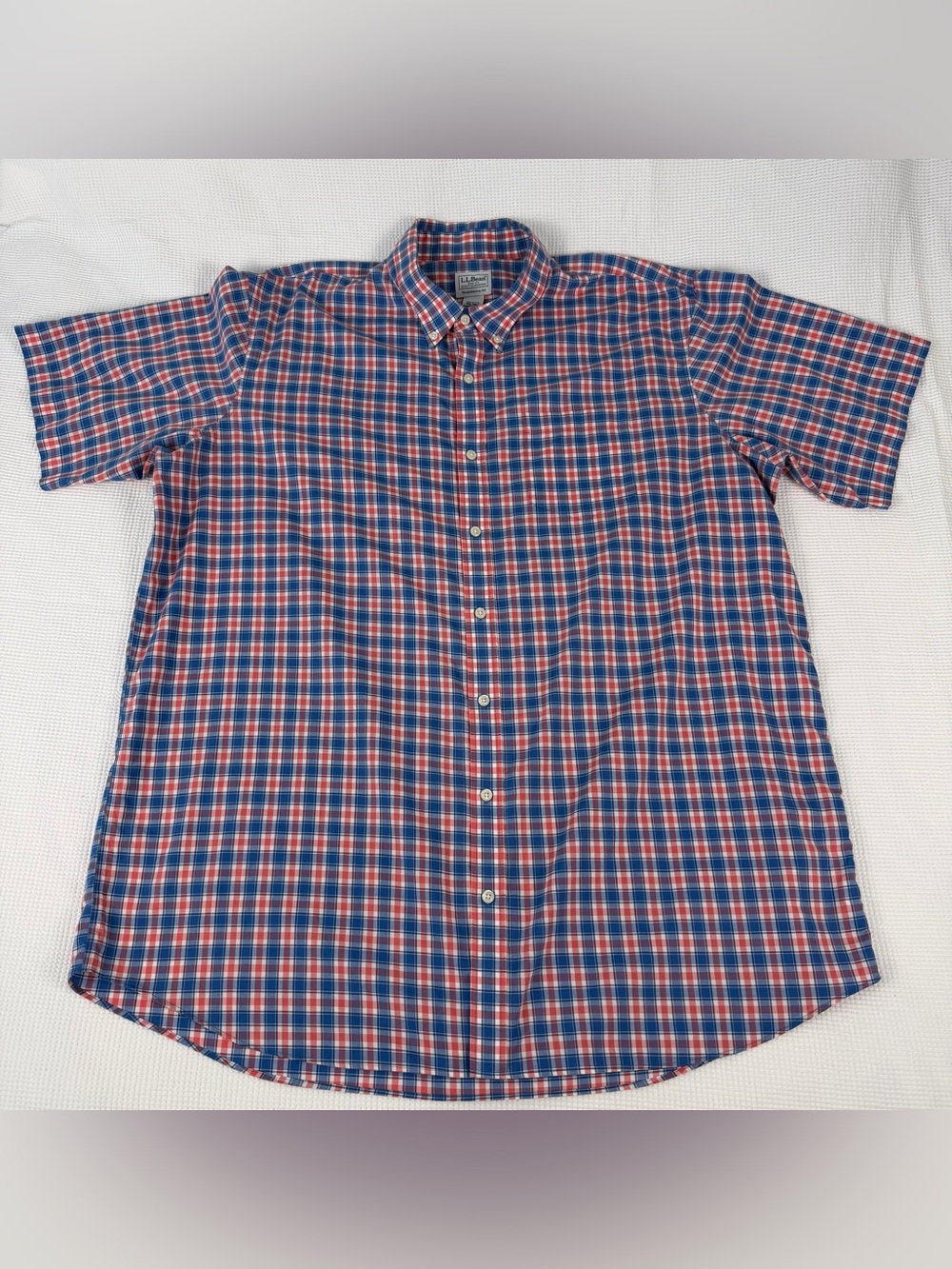 L.L. Bean Men’s Red Blue and White Plaid Button-Down Short Sleeve Shirt XXL-Tall